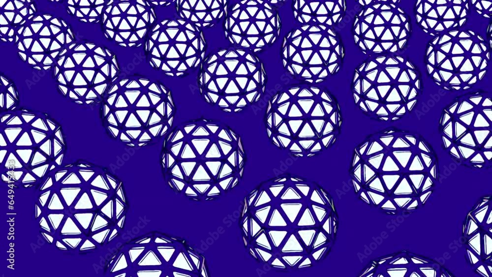 Poster Background with rotating balls and grid. Design. Geometric grid on rotating balls in animation. Lots of rotating balls with grid on colored background