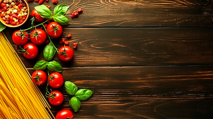 Arrière plan en bois avec tomate, basilic et pates spaghettis - obrazy, fototapety, plakaty