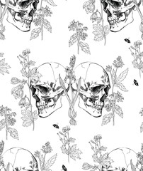 Fototapeta premium Vintage skull with flowers seamless pattern