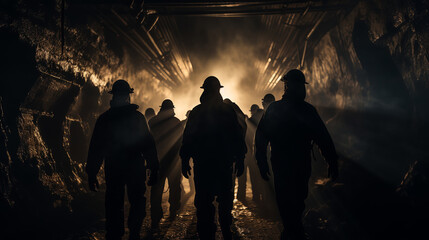 group mining workers walks through tunnel coal mine,back view.ai generative