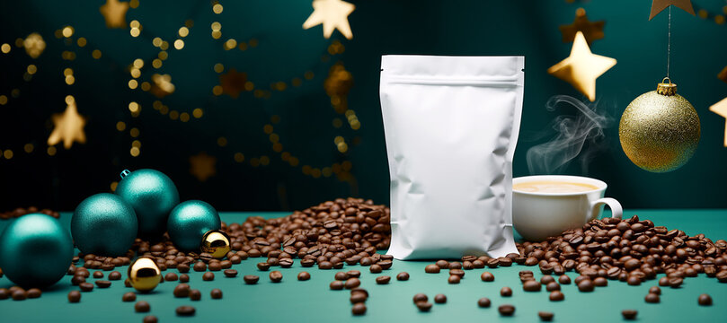 Christmas coffee bean bag mockup scene with dark green / teal background, decorations, arabica beans and stars.