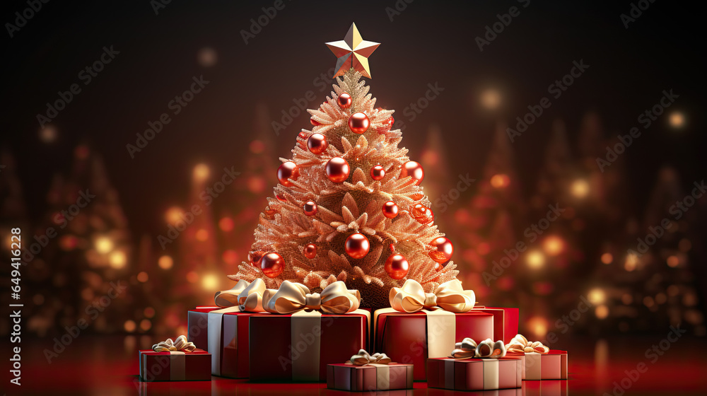 Wall mural christmas and new year background - gift boxes and stars near decorated christmas tree and copy spac