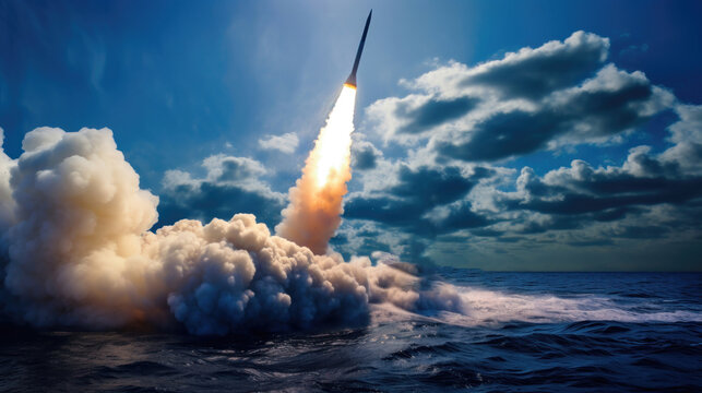 A Rocket Silhouette Against the Blue Sky and Clouds