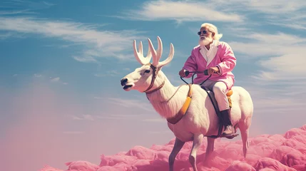Deurstickers Bright Santa Claus in Rococo style ride in deer on pink cloud. An attractive hipster Santa Claus. Minimal winter holidays idea. © Tamara