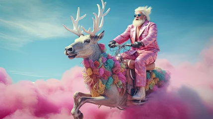  Bright Santa Claus in Rococo style ride in deer on pink cloud. An attractive hipster Santa Claus. Minimal winter holidays idea. © Tamara