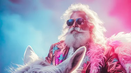 Tuinposter Bright Santa Claus in Rococo style ride in deer on pink cloud. An attractive hipster Santa Claus. Minimal winter holidays idea. © Tamara