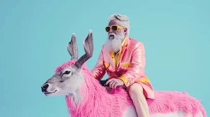 Poster Im Rahmen Bright Santa Claus in Rococo style ride in deer on pink cloud. An attractive hipster Santa Claus. Minimal winter holidays idea. © Tamara
