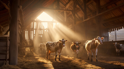 cowshed, several animals, cowshed illuminated by the morning sun, lots of clean hay, agriculture.ai generative - obrazy, fototapety, plakaty