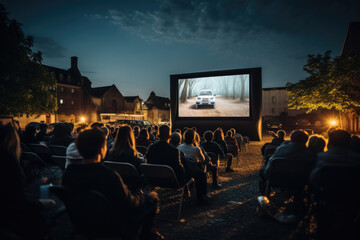 An outdoor cinema screening with viewers in cars, representing adaptations during the pandemic. Generative Ai.