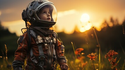 Boy in astronaut costume looking up at sunset.