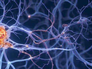 Neuron cell, 3D illustration. Neuron cell with lightbulbs