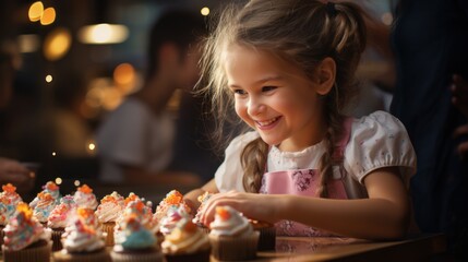 Child in a chef's hat and apron, excitedly decorating cupcakes with colorful sprinkles. - obrazy, fototapety, plakaty