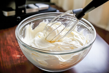 Fototapeta na wymiar Whipping Up Delights: A cook in a bright kitchen expertly mixes cream, eggs, and more in a bowl, creating a sweet homemade treat.