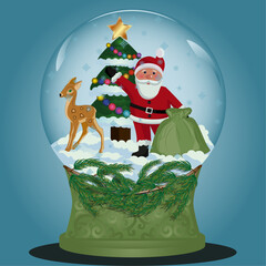 snow globe,santa claus, bag,deer in the snow, decorated christmas tree in the snow,christmas tree branch, christmas balls, snow falls, star at the top of the tree, the star is burning on the tree 