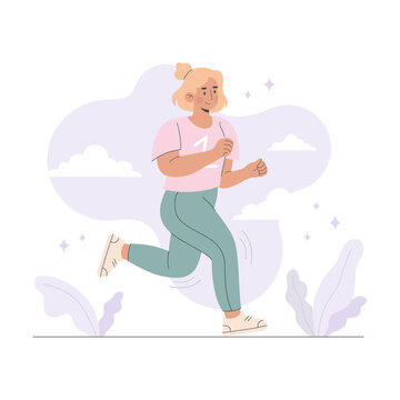 Young woman jogging. Active healthy lifestyle concept running city competition marathons cardio workout exercise. Isolated vector illustrations for flyer leaflet advertising banner
