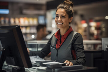 Fototapeta premium A cashier ringing up purchases at a retail store, processing Black Friday transactions. Generative Ai.