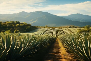 Stunning agave fields with a vanishing point perspective in the picturesque mountains of Tequila, Jalisco. Generative AI - obrazy, fototapety, plakaty