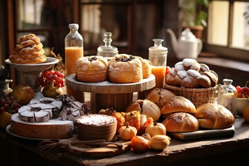 Various baked goods presented on a breakfast table at a hotel. Generative AI