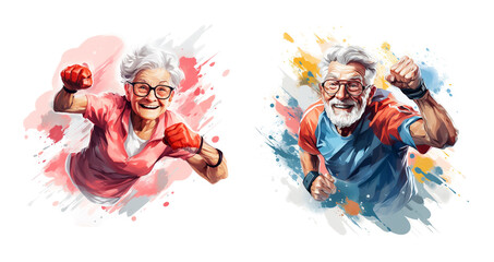 Happy elderly people chearing, watercolor illustration banner - obrazy, fototapety, plakaty