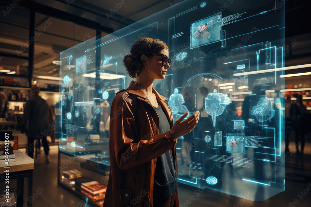 Poster a bustling virtual marketplace where customers navigate through a 3d shopping environment, selecting