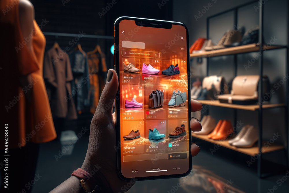 Poster a mobile app interface that seamlessly integrates social media shopping, allowing users to purchase 