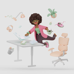 Smiling afro american woman has a mess of workflow. Concept of office fly. high quality 3d illustration of overloaded creative freelancer. Levitating wit laptop and ergonomic workplace.
