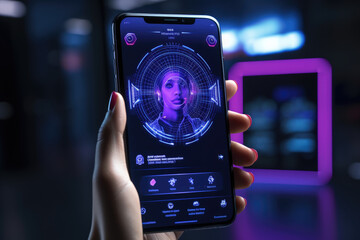 A mobile payment system using biometric authentication like fingerprint or facial recognition for secure transactions. Concept of biometric payments. Generative Ai.