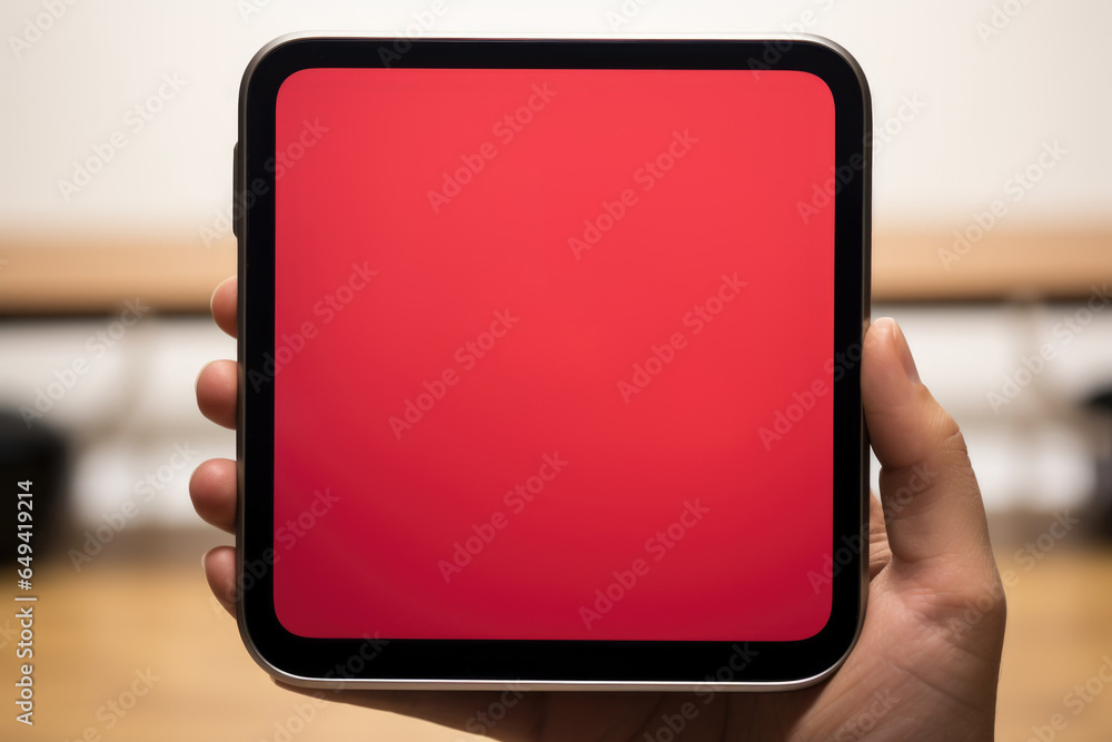 Sticker A person holding a square cell phone with a red screen, AI