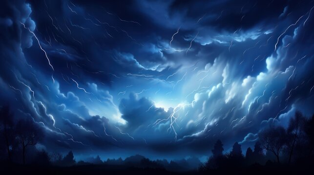 A realistic illustration capturing the ambiance of an autumn night rain, complete with thunderclouds and lightning against a dark blue sky. This vector artwork creates an abstract background