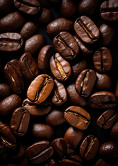Fototapeta premium Roasted coffee beans top view. Close-up of coffee beans