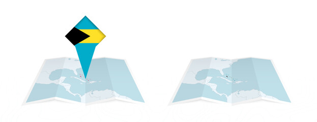Two versions of an The Bahamas folded map, one with a pinned country flag and one with a flag in the map contour. Template for both print and online design.