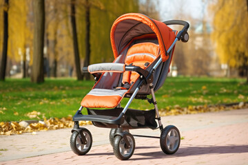 Sunny Park Stroll: enjoy a leisurely summer walk in the park with a comfortable baby carriage, embracing the joys of motherhood in nature.