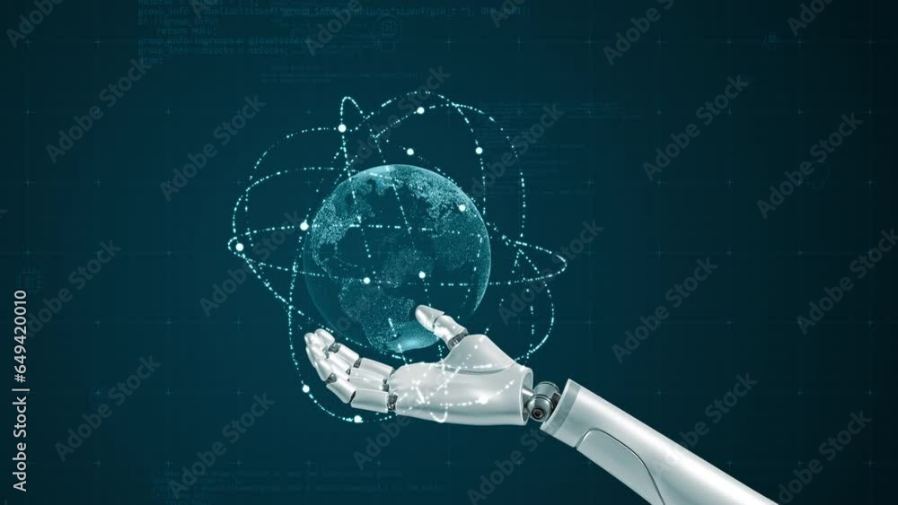 Poster motion graphic of ai robot arm and blue digital earth with particle ring circle orbit rotation on fu