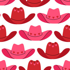 Seamless pattern of various cowgirl hats with hearts and stars. Vector flat background. Retro disco cowboy party concept