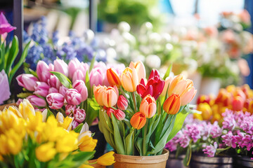 A delightful arrangement of tulip flowers in various hues, showcased at a retail store, offering a burst of natural elegance to passersby. - obrazy, fototapety, plakaty
