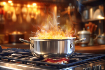 cooking a meal on a gas stove in a restaurant kitchen, with flames dancing beneath the pan, showcasing culinary expertise.
