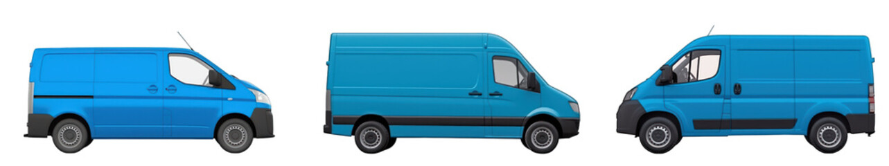 Blue delivery van side view or truck with copy space or mock-up space isolated on transparent background generative ai