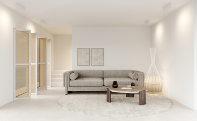 3d rendering of modern living room with grey sofa and coffee table, floor lamp, decorative plaster on the wall, carpet on concret floor. Frame mockup. Panoramic sea view. Beige abstract wave texture
