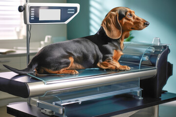 dachshund puppy standing on a scale at the veterinary clinic, emphasizing the importance of weight and diet in maintaining a pet's health and well-being.
