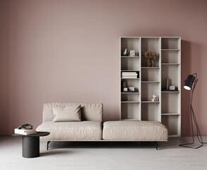 3d rendering of modern living room with beige sofa, coffee table, floor lamp, decorative pillow. Open shelving for decor, ceramics, books. Frame mockup. Template. Dusty pink walls