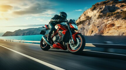 A Sport Motorcycle in Action A Closeup of the Speed and Power on a Coastal Highway