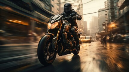A Motorcyclist in Motion with a Game Icon and a Helmet with a Racing and Urban Style