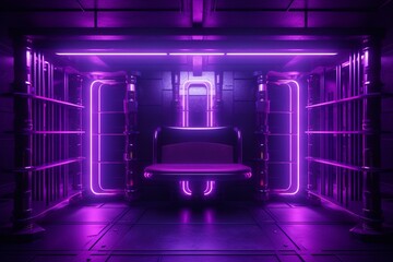 A modern prison cell with metallic bars and vibrant purple neon lights. Generative AI