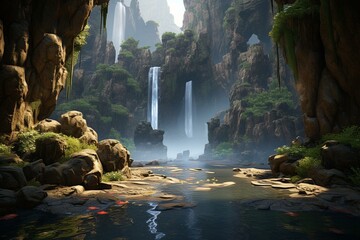 Explore the grandeur of unreal engine 5 in a mesmerizing backdrop harboring a breathtaking waterfall and concealed cavern. Generative AI