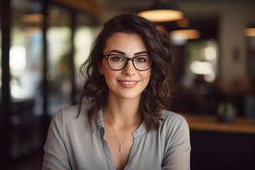 headshot portrait of young professional woman wearing glasses at coffee shop blurry background