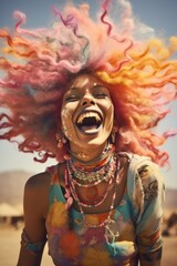 A beautiful portrait of an attractive woman in a vibrant, colorful dress basking in the outdoors exudes an infectious sense of joy and freedom