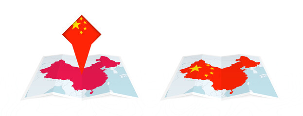 Two versions of an China folded map, one with a pinned country flag and one with a flag in the map contour. Template for both print and online design.