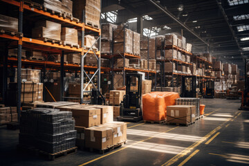 An industrial warehouse storing goods, highlighting the importance of supply chain management. Generative Ai.