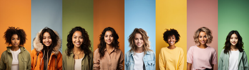 Collage made of portraits of young teenager girl of one age, but different race looking at camera against multicolored background. Multiracial concept - obrazy, fototapety, plakaty