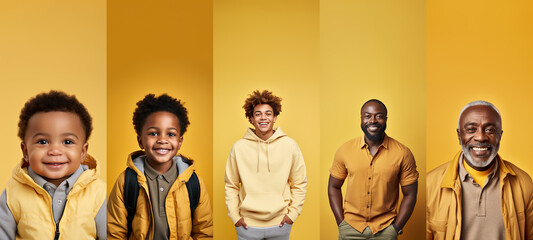 Collage of black happy men different ages on yellow backgrounds, panorama. Lot of smiling faces looking at camera. Human resource society database concept. Copy space